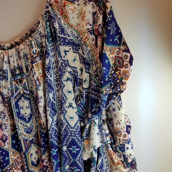 KAS Designs Off- the -Shoulder Top Blue White Multi Blouse Ruffle BuffoonSleeves - Picture 5 of 10